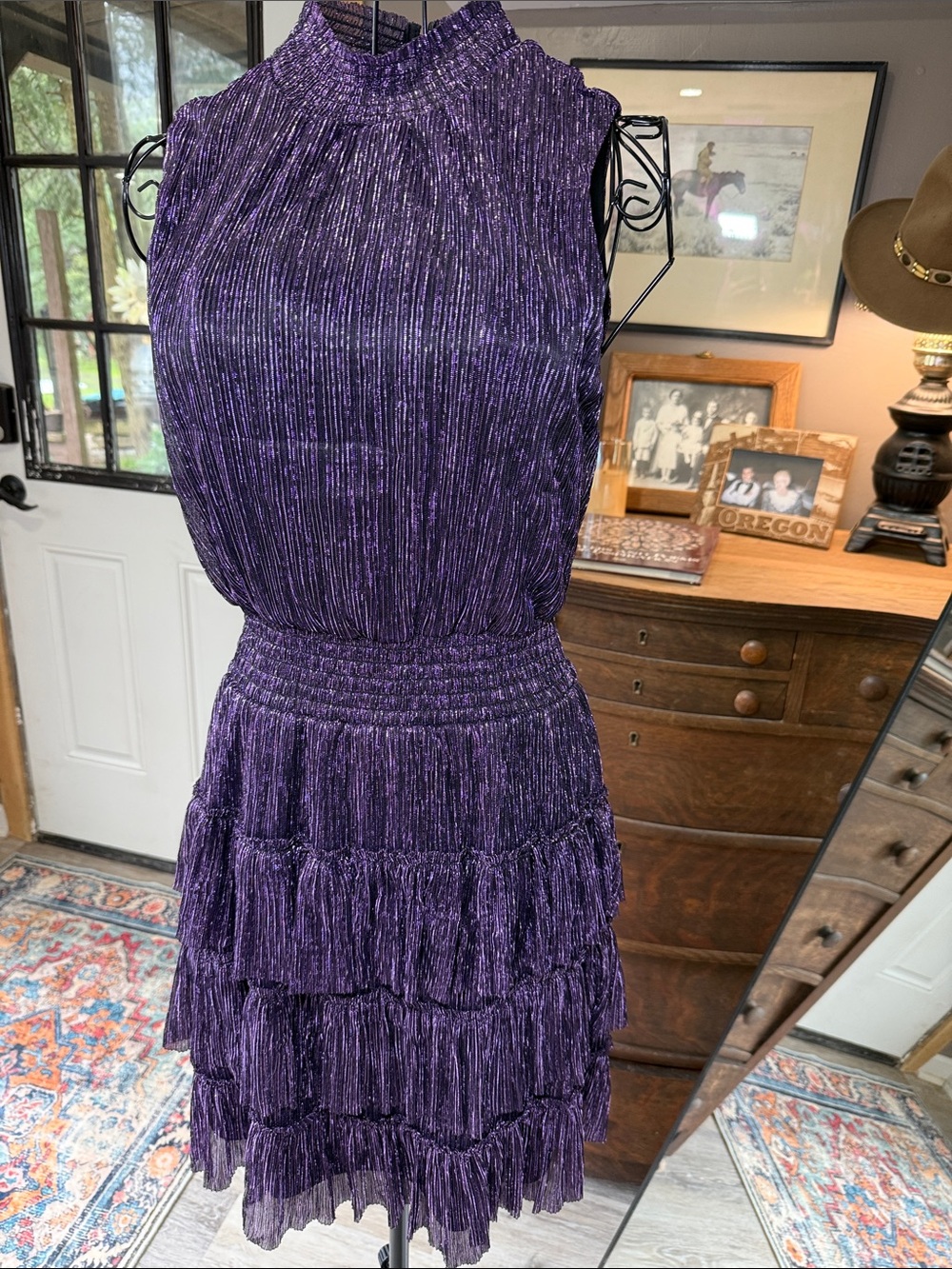 1. State Purple Metallic Tiered Pleated Mini Dress